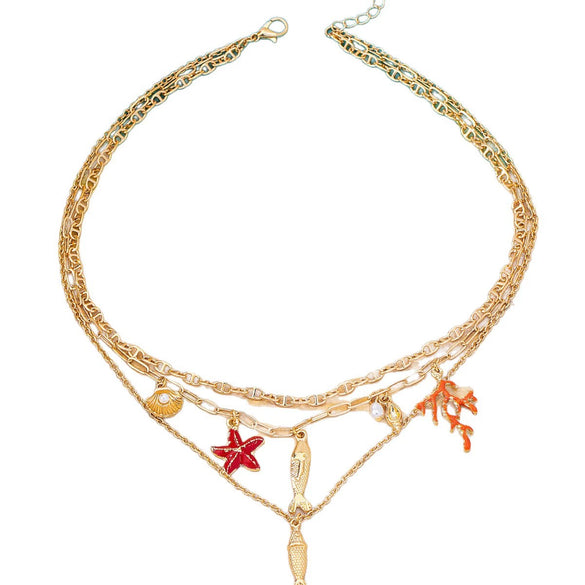 Women’s Handmade Alloy Multilayer Oceanthemed Necklace With Starfish Coral And Small Fish Pendants