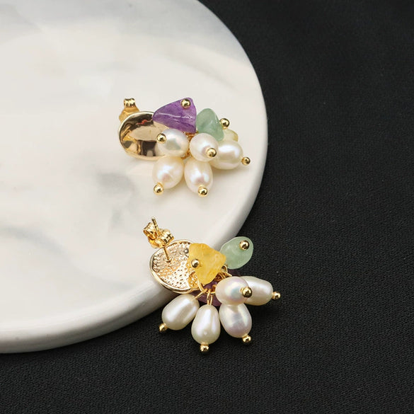 Women's Handmade Antique Style Natural Pearl Earrings With Real Gold Electroplating And Geometric Pattern