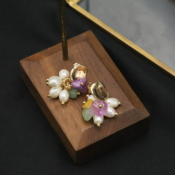 Women's Handmade Antique Style Natural Pearl Earrings With Real Gold Electroplating And Geometric Pattern