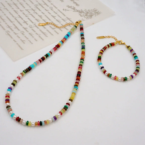 Women's Handmade Artificial Crystal Dopamine Color Ushaped Geometric Beaded Necklace And Bracelet Jewelry With Cross Chain