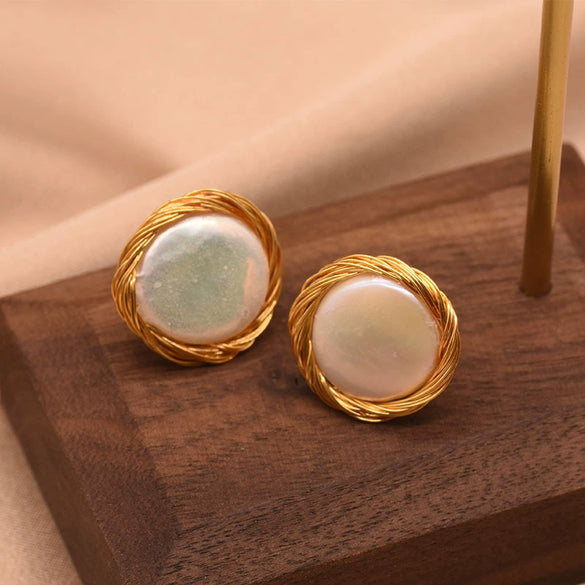 Women's Handmade Baroque Pearl Geometric Earrings Retro Simple Electroplated Winding Drop Earrings