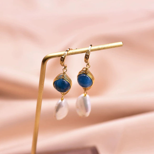 Women's Handmade Baroque Pearl Geometric Earrings Retro Simple Electroplated Winding Drop Earrings