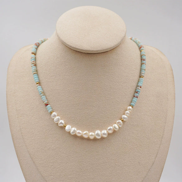 Women's Handmade Beaded Geometric Pearl Necklace And Bracelet With Cross Chain