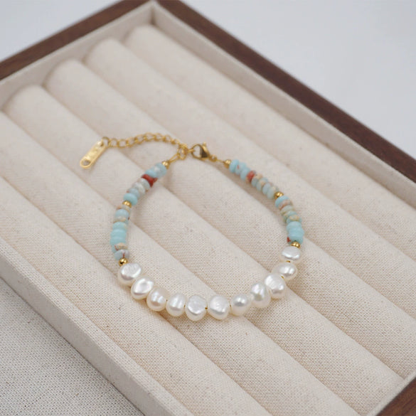 Women's Handmade Beaded Geometric Pearl Necklace And Bracelet With Cross Chain