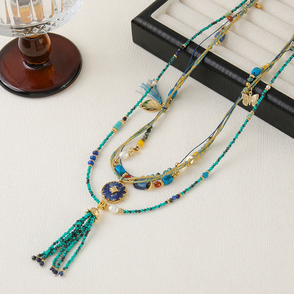 Women's Handmade Beaded Long Necklace With Optimized Blue Turquoise Glass Beads And Copper