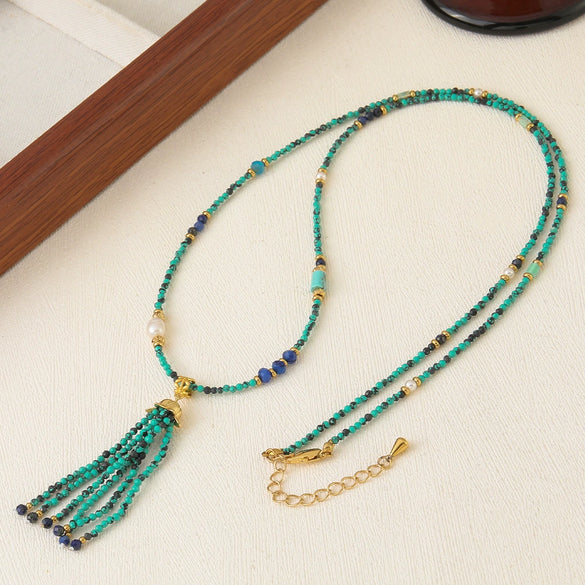 Women's Handmade Beaded Long Necklace With Optimized Blue Turquoise Glass Beads And Copper