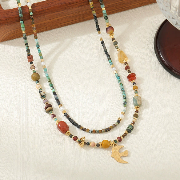Women's Handmade Beaded Necklace With African Pine Red Agate Spotted Stone Stainless Steel Copper Geometric Design And Bird Pendant