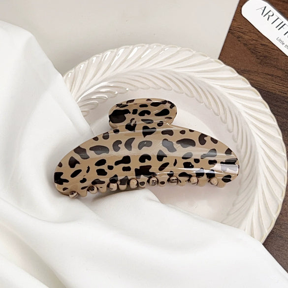 Women's Handmade Beige Leopard Print Shark Hair Clip With Bowknot And Simple Geometric Style