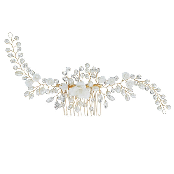 Women's Handmade Bridal Hair Comb Ceramic Flower Pearl Rhinestone Crystal Electroplated Headwear Wedding Dress Accessory