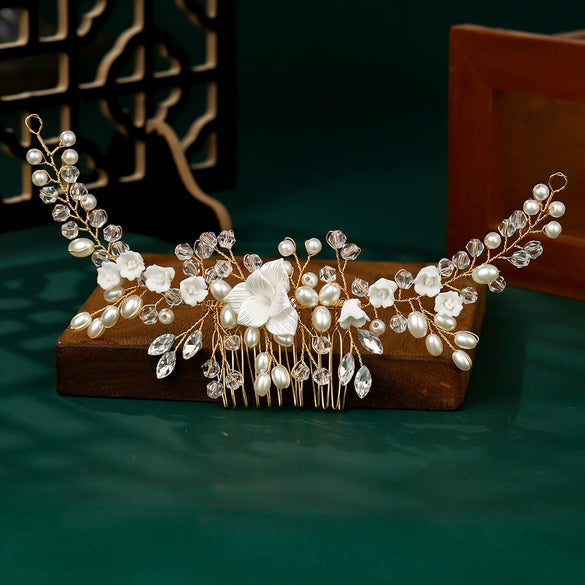Women's Handmade Bridal Hair Comb Ceramic Flower Pearl Rhinestone Crystal Electroplated Headwear Wedding Dress Accessory