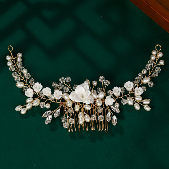 Women's Handmade Bridal Hair Comb Ceramic Flower Pearl Rhinestone Crystal Electroplated Headwear Wedding Dress Accessory