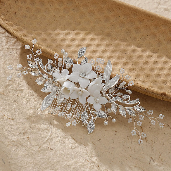 Women's Handmade Ceramic Flower Beaded Hair Comb With Electroplating