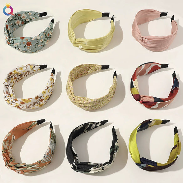 Women's Handmade Cloth Floral Widebrimmed Cross Hairband Hair Accessory With Printing