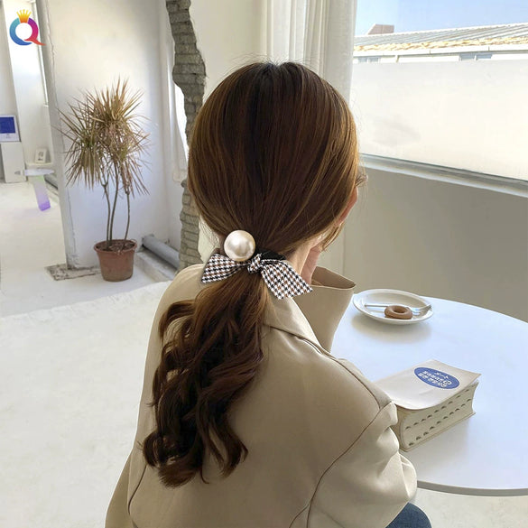 Women’s Handmade Cloth Hair Tie With Black Houndstooth Bow And Pearl Detail Sweet Hair Accessory Wholesale