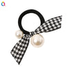 Women’s Handmade Cloth Hair Tie With Black Houndstooth Bow And Pearl Detail Sweet Hair Accessory Wholesale