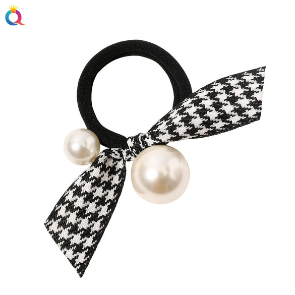 Women’s Handmade Cloth Hair Tie With Black Houndstooth Bow And Pearl Detail Sweet Hair Accessory Wholesale