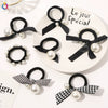 Women’s Handmade Cloth Hair Tie With Black Houndstooth Bow And Pearl Detail Sweet Hair Accessory Wholesale