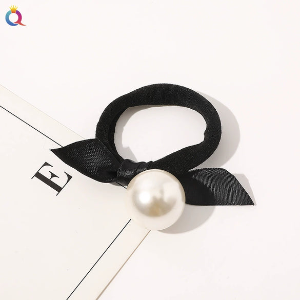 Women’s Handmade Cloth Hair Tie With Black Houndstooth Bow And Pearl Detail Sweet Hair Accessory Wholesale