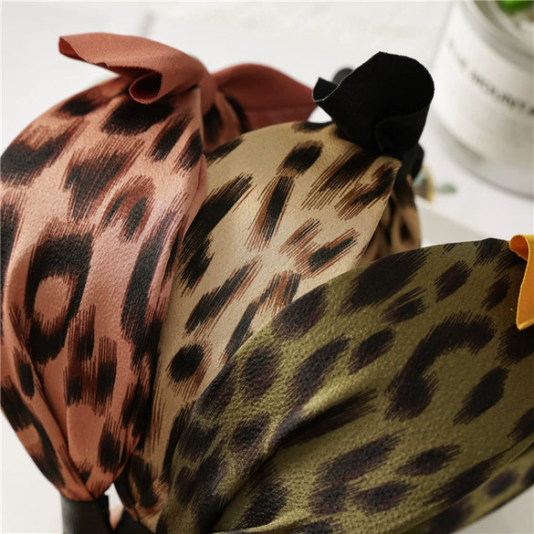 Women's Handmade Cloth Leopard Print Rabbit Ears Knotted Wide Headband Hair Accessories