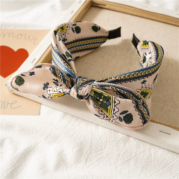 Women's Handmade Cloth Leopard Print Rabbit Ears Knotted Wide Headband Hair Accessories