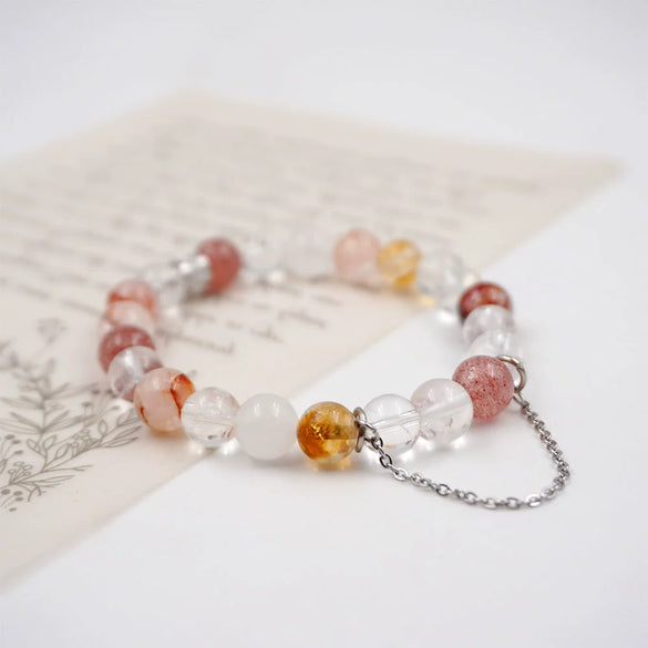 Women's Handmade Crystal Bracelet With Cherry Blossom Pink White And Strawberry Crystals