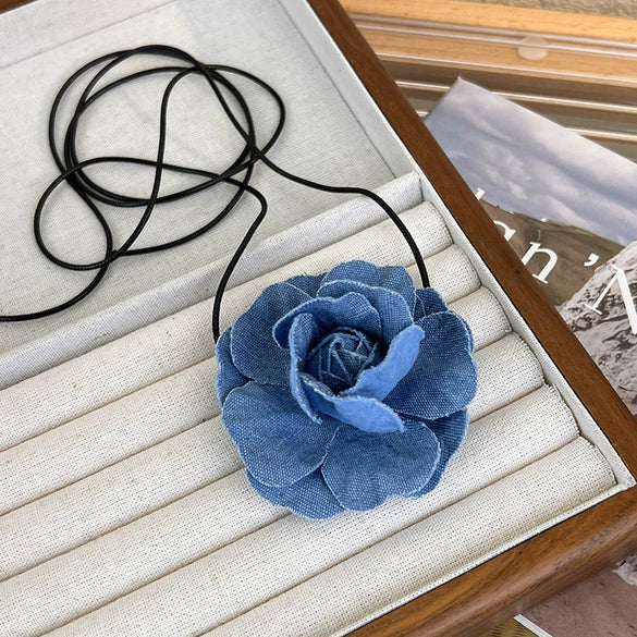 Women's Handmade Denim Flower Necklace Choker Clavicle Chain