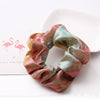 Women's Handmade Fabric Scrunchie Hair Tie With Metallic Rainbow Gradient Foil Finish And Oversized Flower Detail