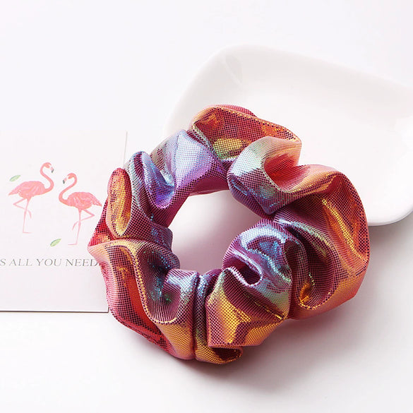 Women's Handmade Fabric Scrunchie Hair Tie With Metallic Rainbow Gradient Foil Finish And Oversized Flower Detail