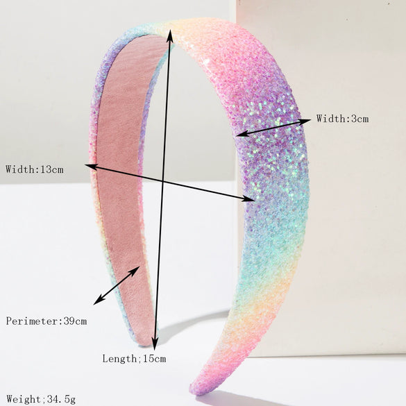 Women's Handmade Fabric Sequin Plaid Headband Rainbow Color Highend Fashion Super Shiny Hair Accessories
