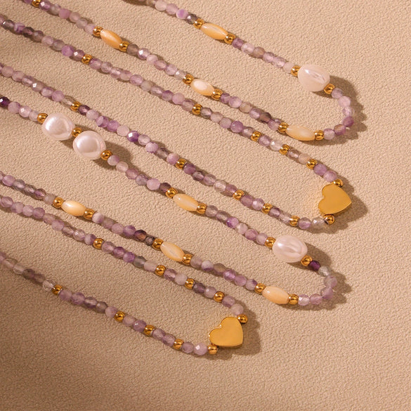Women's Handmade Fashion Geometric Natural Stone 316L Stainless Steel And 316L Stainless Steel Gold Beaded Clavicle Necklace With Electroplating
