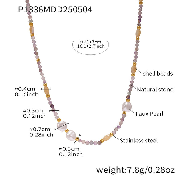 Women's Handmade Fashion Geometric Natural Stone 316L Stainless Steel And 316L Stainless Steel Gold Beaded Clavicle Necklace With Electroplating