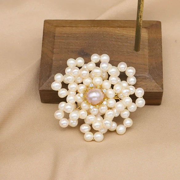 Women's Handmade Freshwater Pearl And Gold Plated Copper Flower Brooch