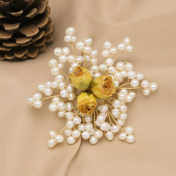 Women's Handmade Freshwater Pearl And Gold Plated Copper Flower Brooch