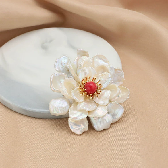 Women's Handmade Freshwater Pearl And Gold Plated Copper Flower Brooch