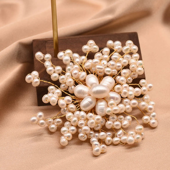 Women's Handmade Freshwater Pearl And Gold Plated Copper Flower Brooch