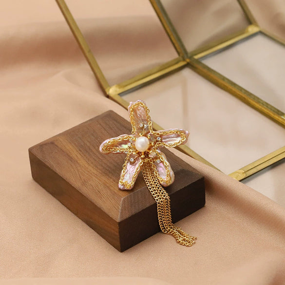 Women's Handmade Freshwater Pearl And Gold Plated Copper Flower Brooch