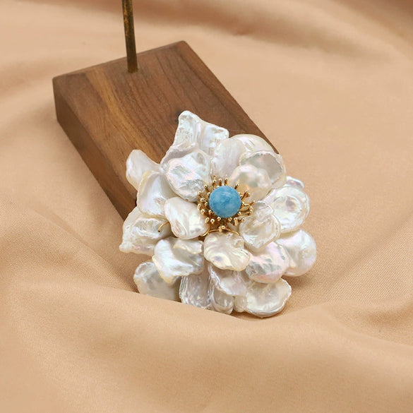 Women's Handmade Freshwater Pearl And Gold Plated Copper Flower Brooch