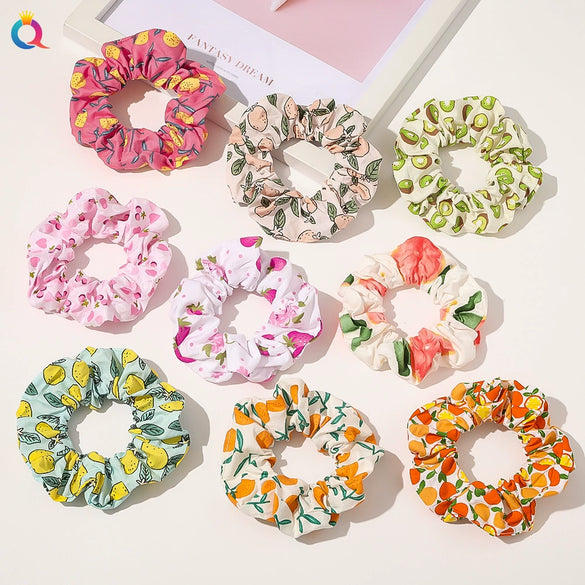 Women's Handmade Fruit Pattern Fabric Scrunchie Hair Tie Set With Avocado And Peach Designs