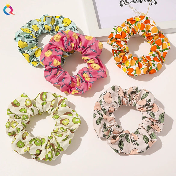 Women's Handmade Fruit Pattern Fabric Scrunchie Hair Tie Set With Avocado And Peach Designs