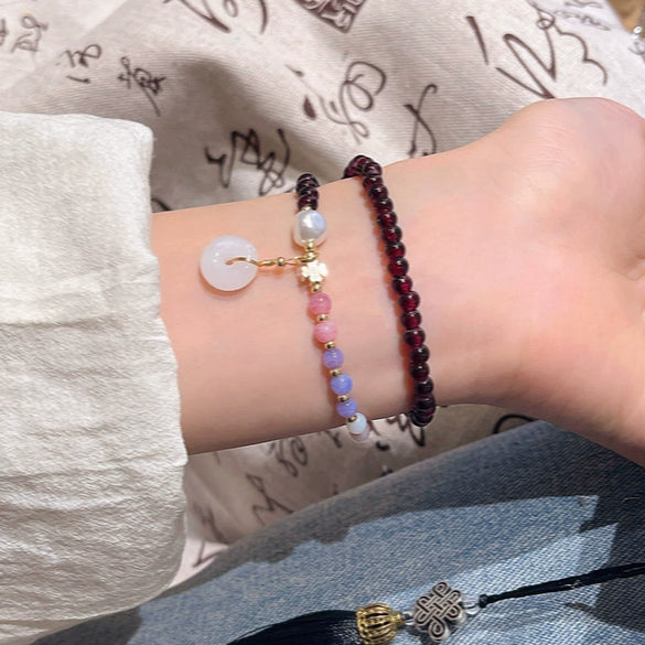 Women's Handmade Geometric Glass Glazed Garnet Beaded Double Layer Bracelet