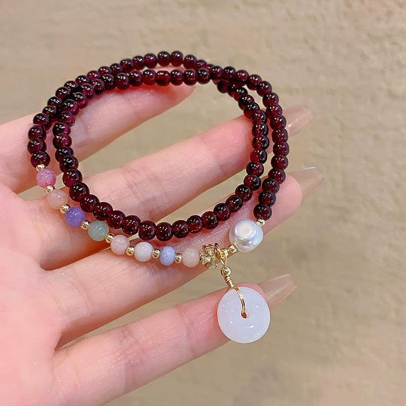 Women's Handmade Geometric Glass Glazed Garnet Beaded Double Layer Bracelet