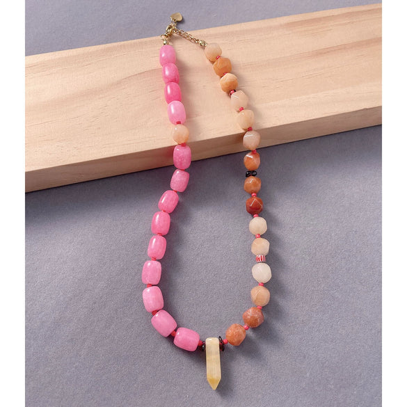 Women's Handmade Geometric Natural Stone Beaded Titanium Steel Necklace Maillard Style Regular Chain Mixed Gemstone Inlay