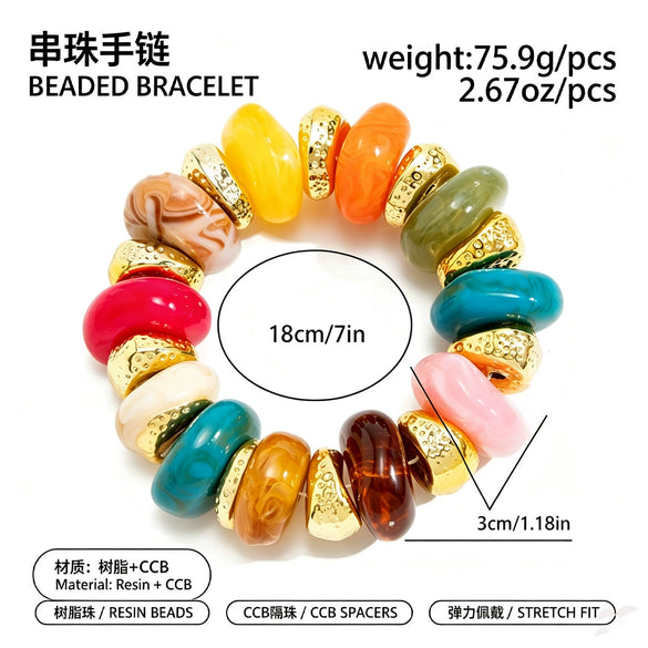 Women's Handmade Geometric Resin Beaded Necklace And Elastic Bracelet With Colorful Tie Dye Pattern And Matte Spacer Beads