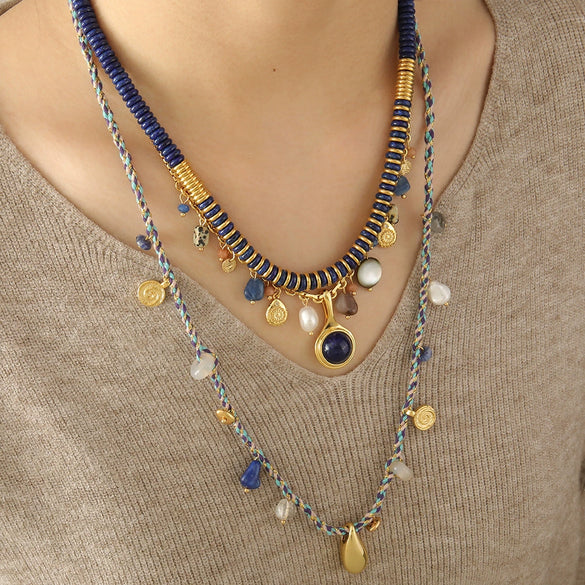 Women's Handmade Geometric Style Necklace With Lapis Lazuli Freshwater Pearl And Other Materials