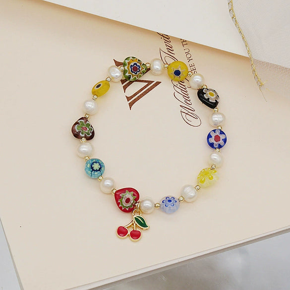 Women's Handmade Glass And Glaze Fruit Bracelet Jewelry With Small Flower Design And Colorful Summer Style