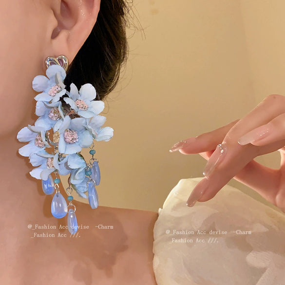Women's Handmade Glass Glazed Flower Tassel Earrings