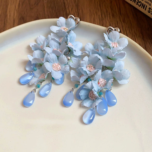 Women's Handmade Glass Glazed Flower Tassel Earrings