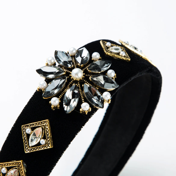 Women's Handmade Gold Velvet Wide Brim Headband With Sparkling Flower Detail Princess Style Fashion Hair Accessory