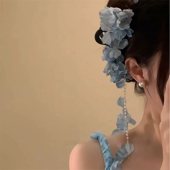 Women's Handmade Imitation Pearl Flower Tassel Shark Clip Hair Accessories