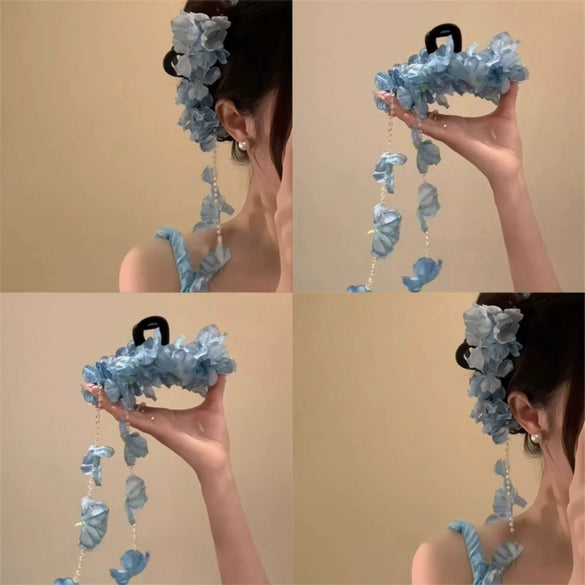 Women's Handmade Imitation Pearl Flower Tassel Shark Clip Hair Accessories